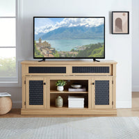 Stylish Embossed Pattern TV Stand With Open And Closed Storage Sliding Door For Living Room And Bedroom, Oak Finish