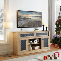 Stylish Embossed Pattern TV Stand With Open And Closed Storage Sliding Door For Living Room And Bedroom, Oak Finish