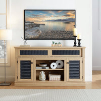 Stylish Embossed Pattern TV Stand With Open And Closed Storage Sliding Door For Living Room And Bedroom, Oak Finish