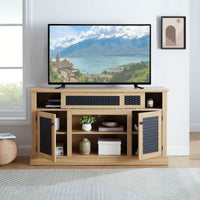 Stylish Embossed Pattern TV Stand With Open And Closed Storage Sliding Door For Living Room And Bedroom, Oak Finish