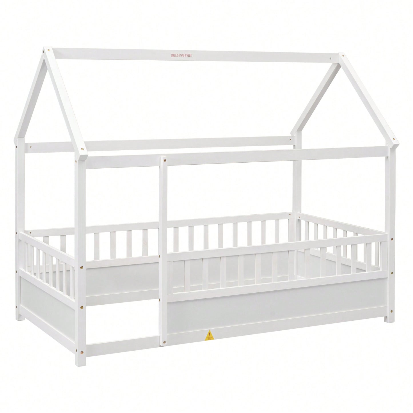 Twin Size Wooden Bed With House Roof Frame And Fence Guardrails In Grey