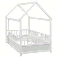 Twin Size Wooden Bed With House Roof Frame And Fence Guardrails In Grey