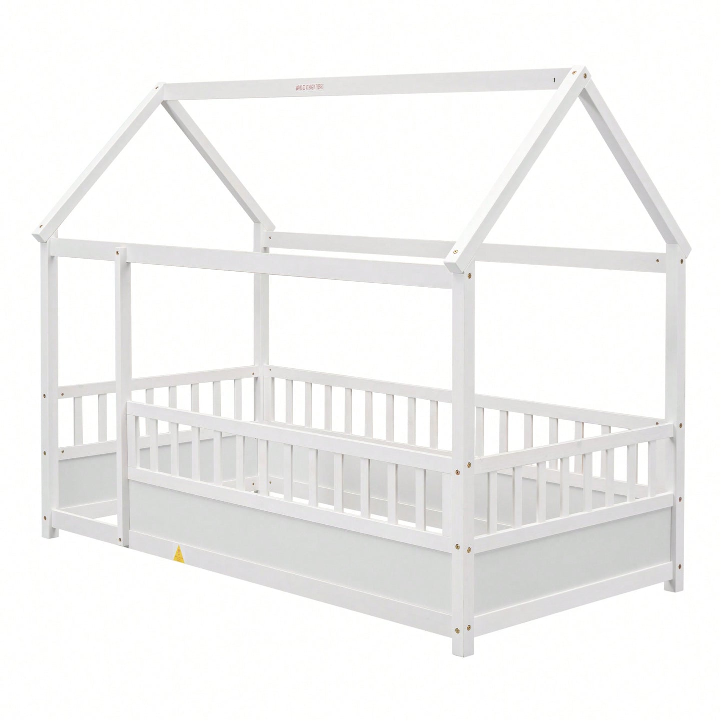 Twin Size Wooden Bed With House Roof Frame And Fence Guardrails In Grey