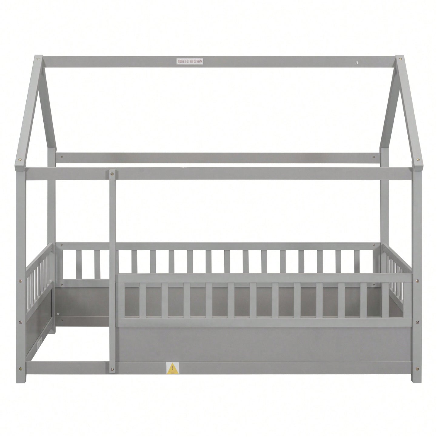 Twin Size Wooden Bed With House Roof Frame And Fence Guardrails In Grey