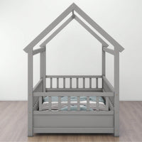 Twin Size Wooden Bed With House Roof Frame And Fence Guardrails In Grey