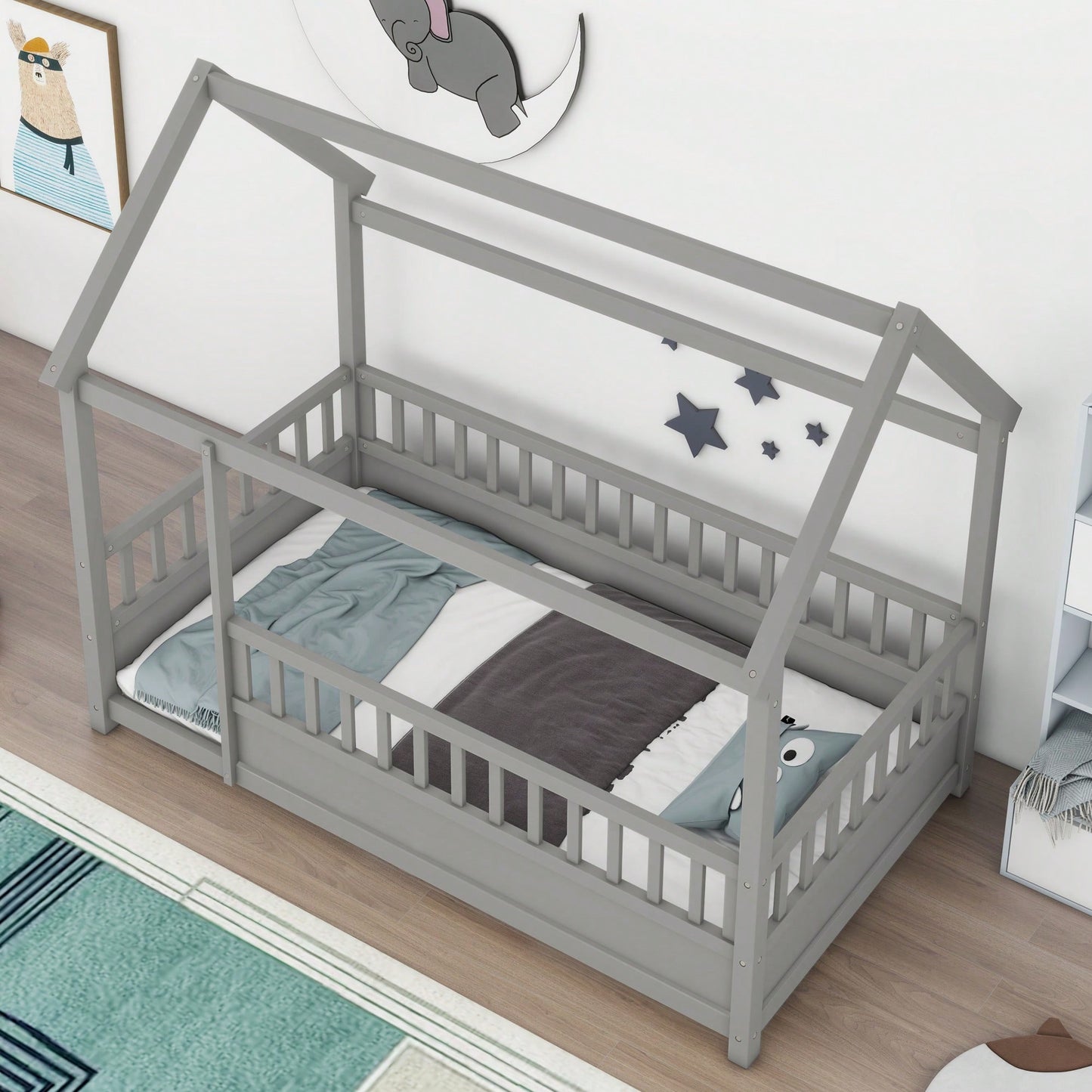 Twin Size Wooden Bed With House Roof Frame And Fence Guardrails In Grey