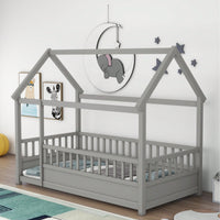 Twin Size Wooden Bed With House Roof Frame And Fence Guardrails In Grey