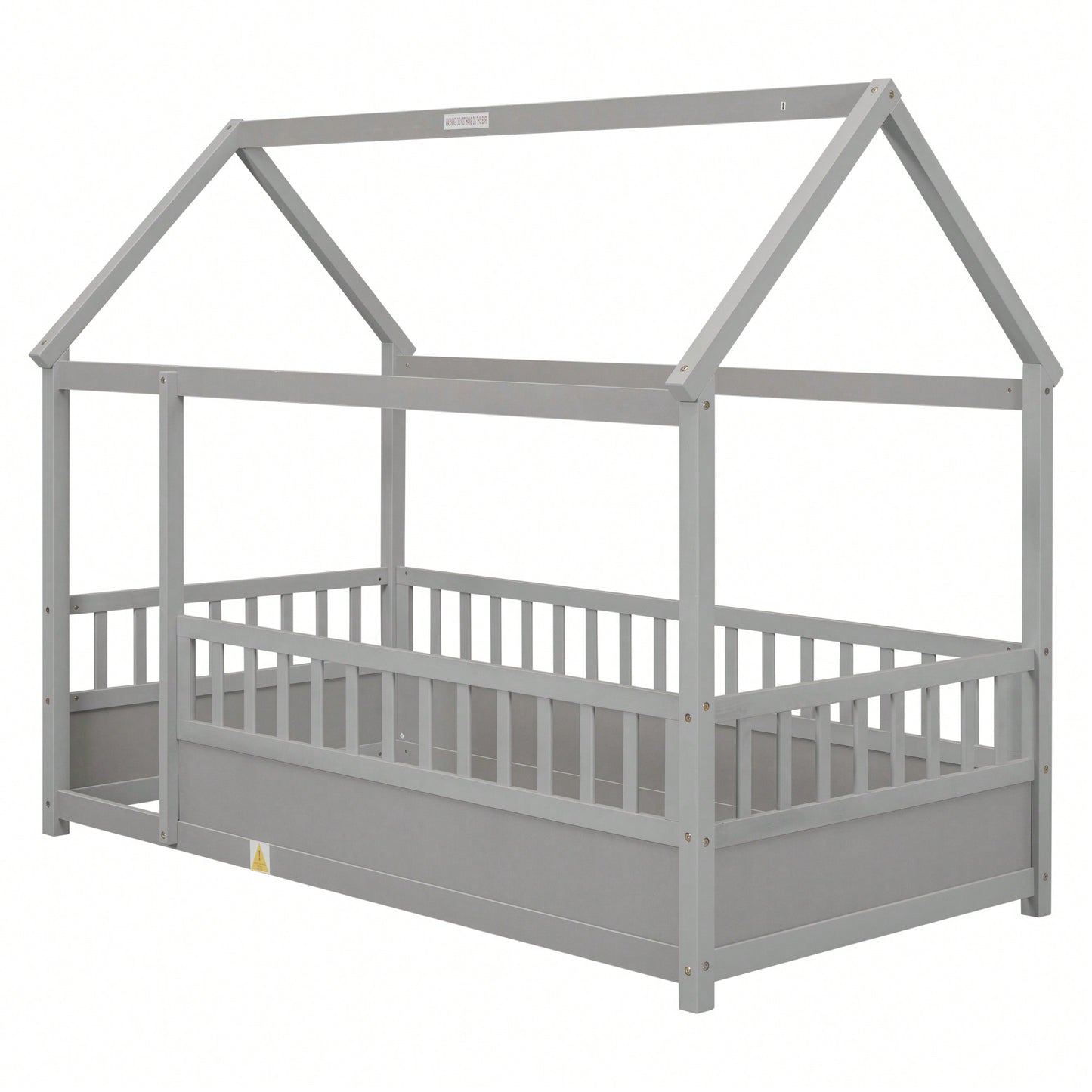 Twin Size Wooden Bed With House Roof Frame And Fence Guardrails In Grey