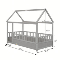 Twin Size Wooden Bed With House Roof Frame And Fence Guardrails In Grey