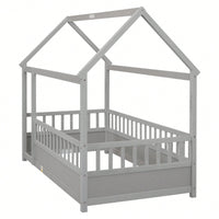 Twin Size Wooden Bed With House Roof Frame And Fence Guardrails In Grey