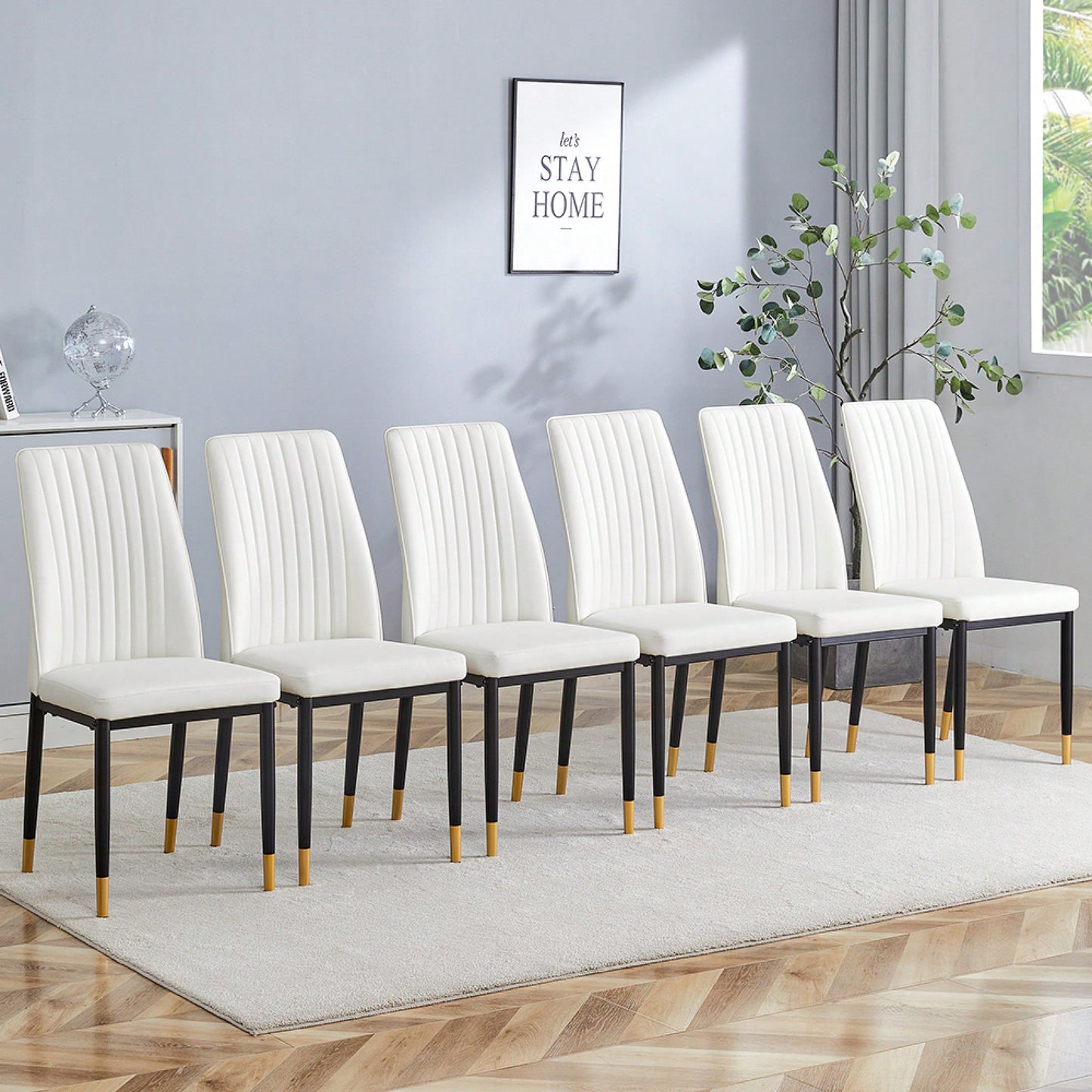 Elegant White Dining Chair Set With High Back PU Seats And Sturdy Black Legs For Dining Room Kitchen And Living Room