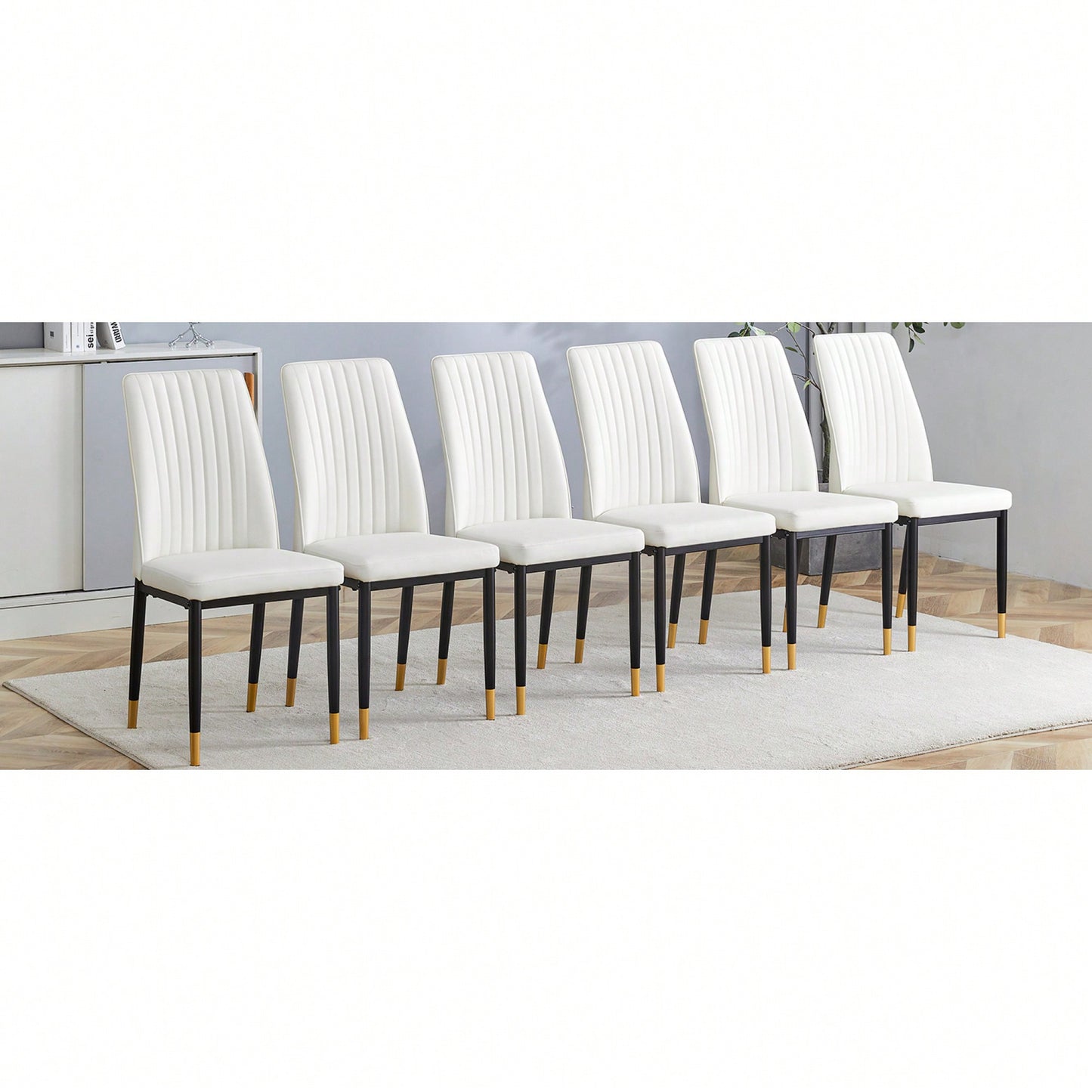 Elegant White Dining Chair Set With High Back PU Seats And Sturdy Black Legs For Dining Room Kitchen And Living Room