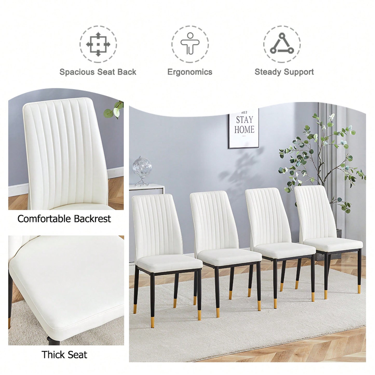 Elegant White Dining Chair Set With High Back PU Seats And Sturdy Black Legs For Dining Room Kitchen And Living Room