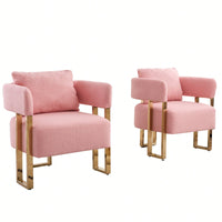 Set Of 2 Modern Decorative Side Chair With Gold Metal Legs For Living Room, Dressing Area - Teddy Fleece Upholstered Pink Sofa