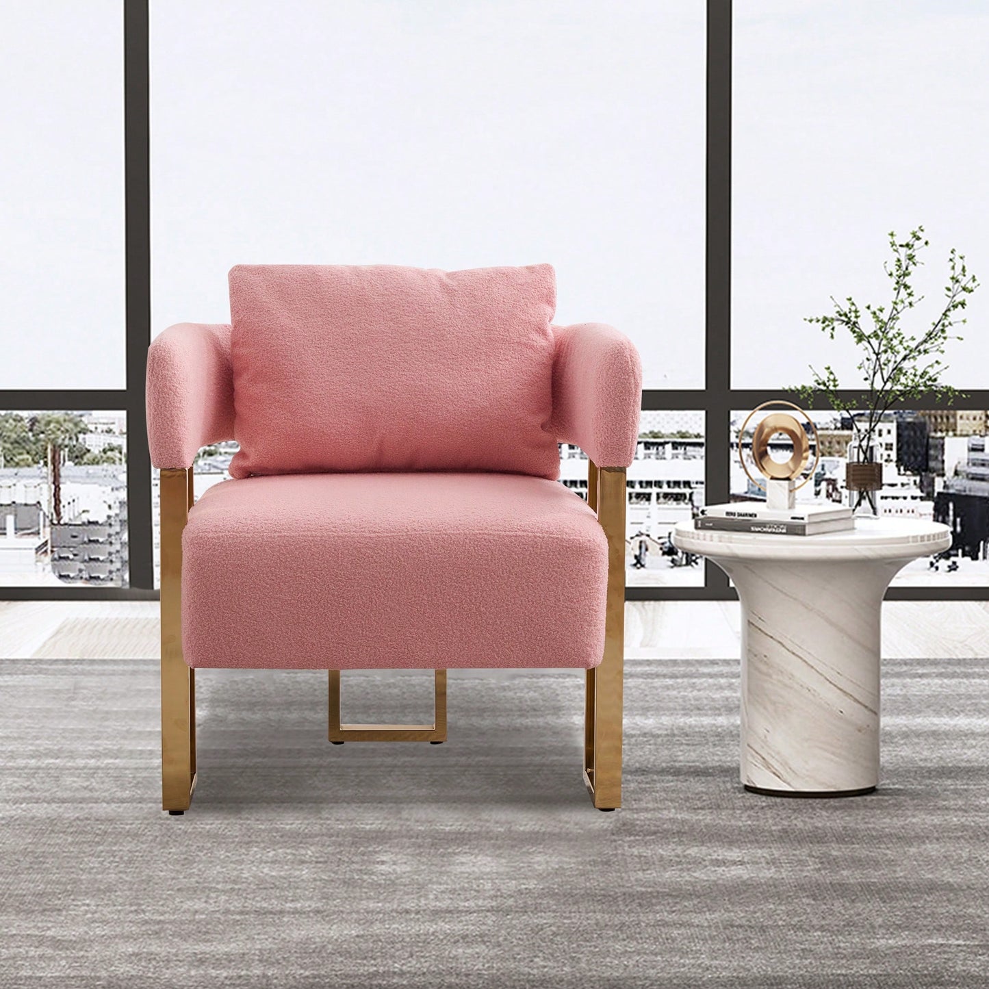 Set Of 2 Modern Decorative Side Chair With Gold Metal Legs For Living Room, Dressing Area - Teddy Fleece Upholstered Pink Sofa