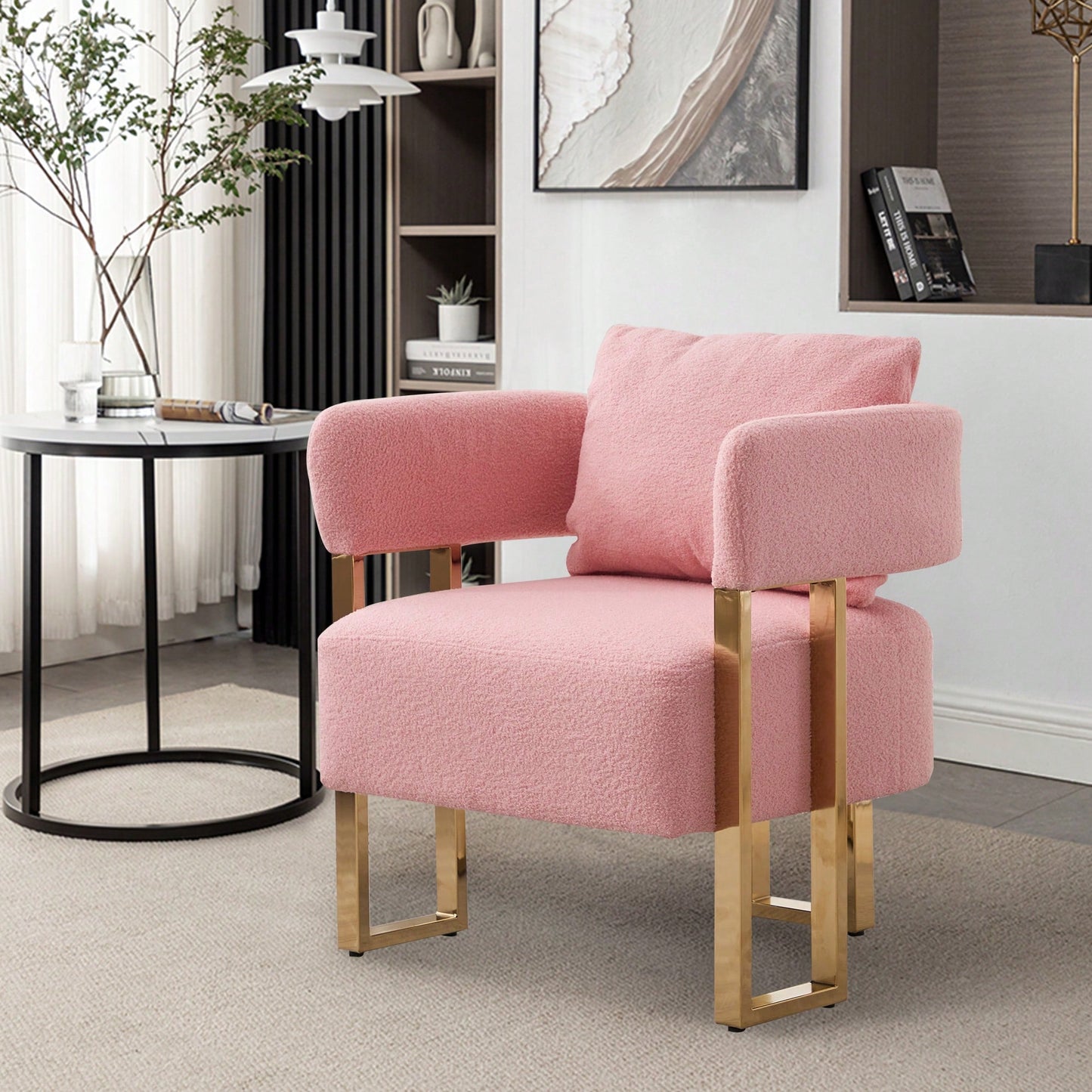 Set Of 2 Modern Decorative Side Chair With Gold Metal Legs For Living Room, Dressing Area - Teddy Fleece Upholstered Pink Sofa