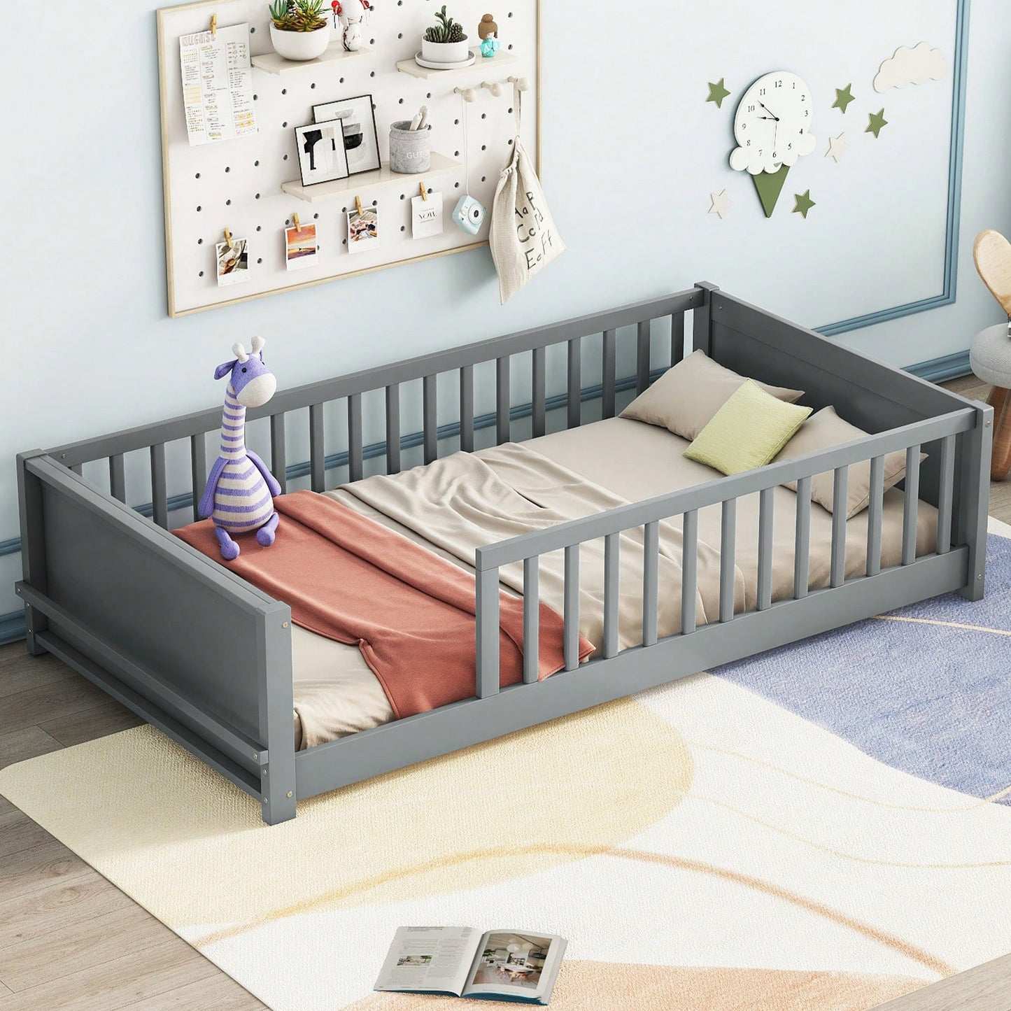 Twin Size Floor Platform Bed With Integrated Book Storage In Grey