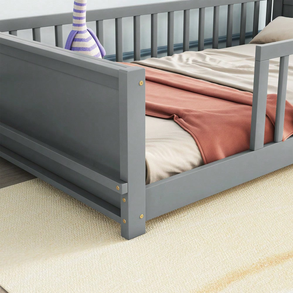 Twin Size Floor Platform Bed With Integrated Book Storage In Grey