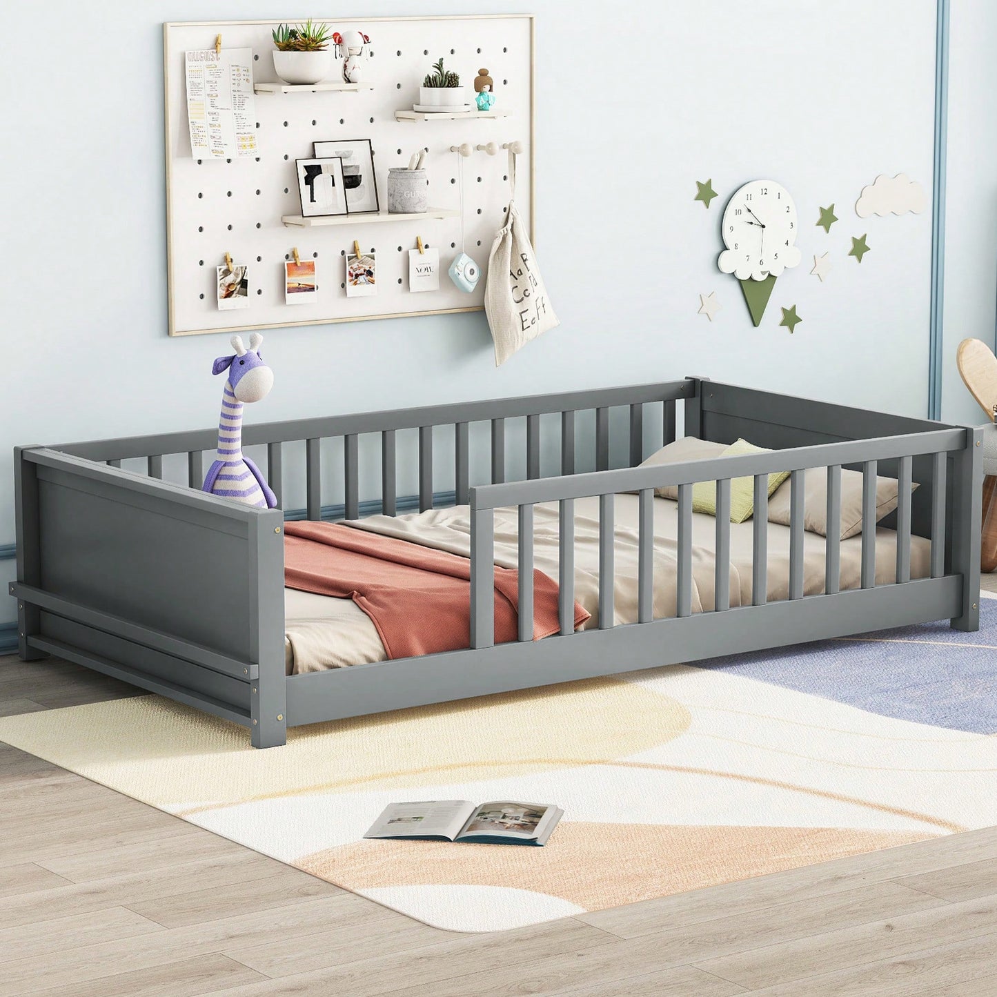 Twin Size Floor Platform Bed With Integrated Book Storage In Grey