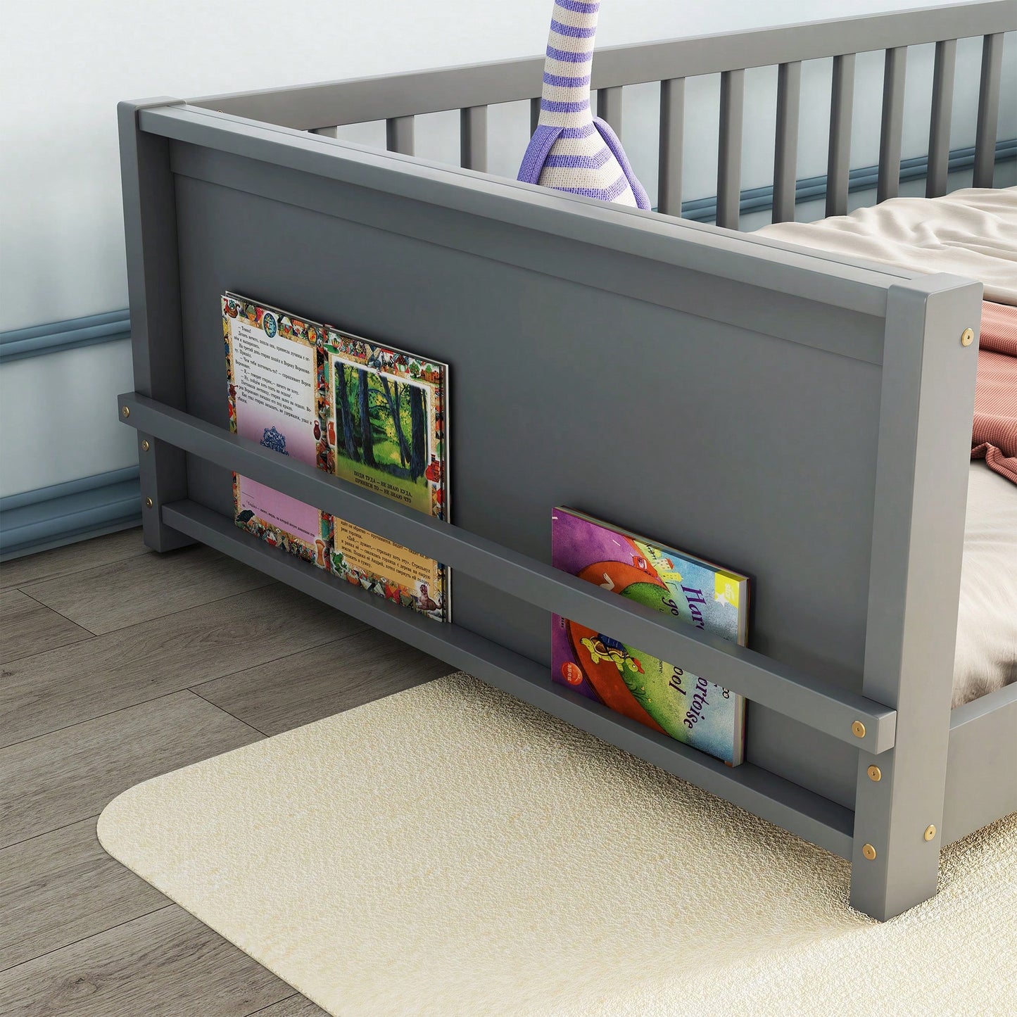 Twin Size Floor Platform Bed With Integrated Book Storage In Grey