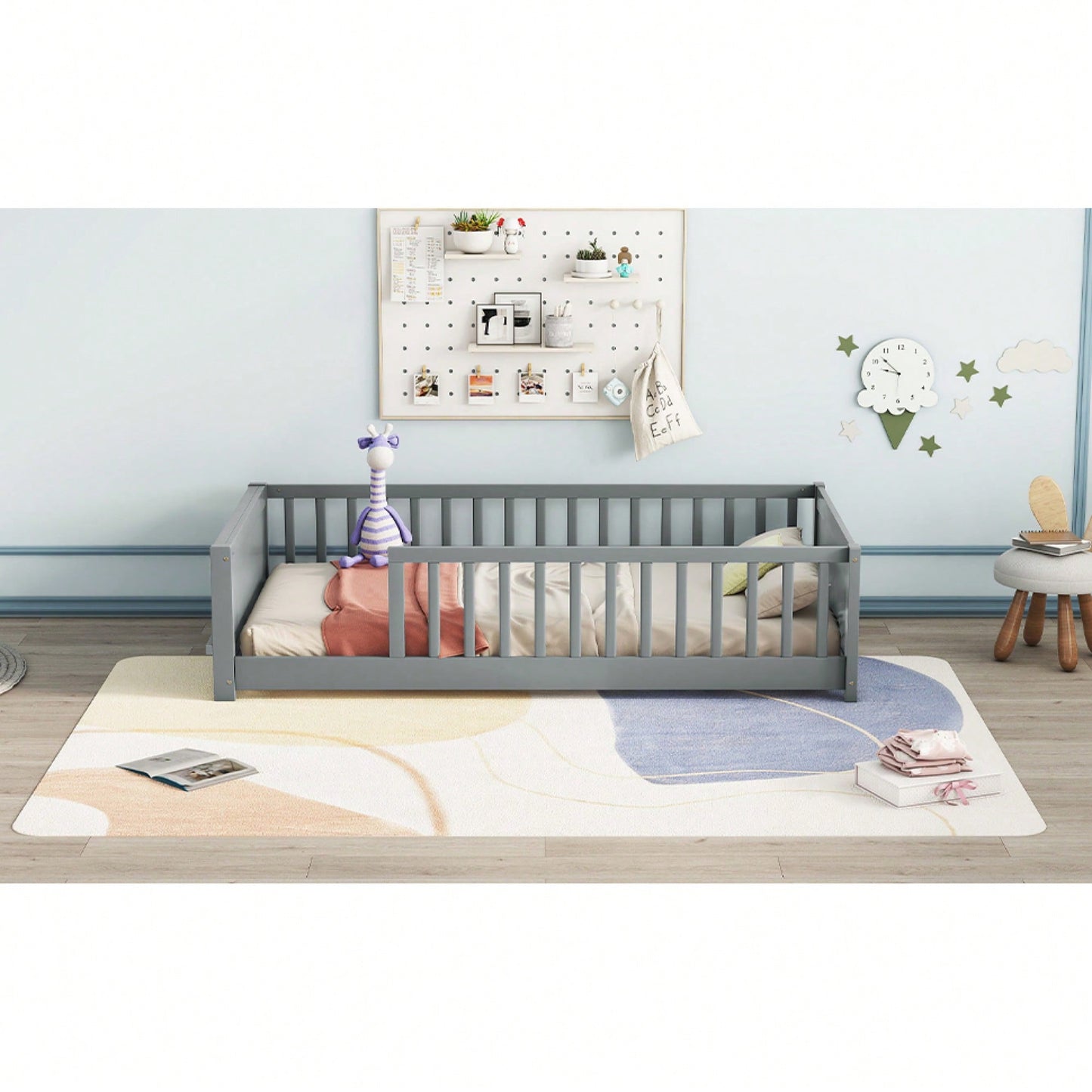 Twin Size Floor Platform Bed With Integrated Book Storage In Grey