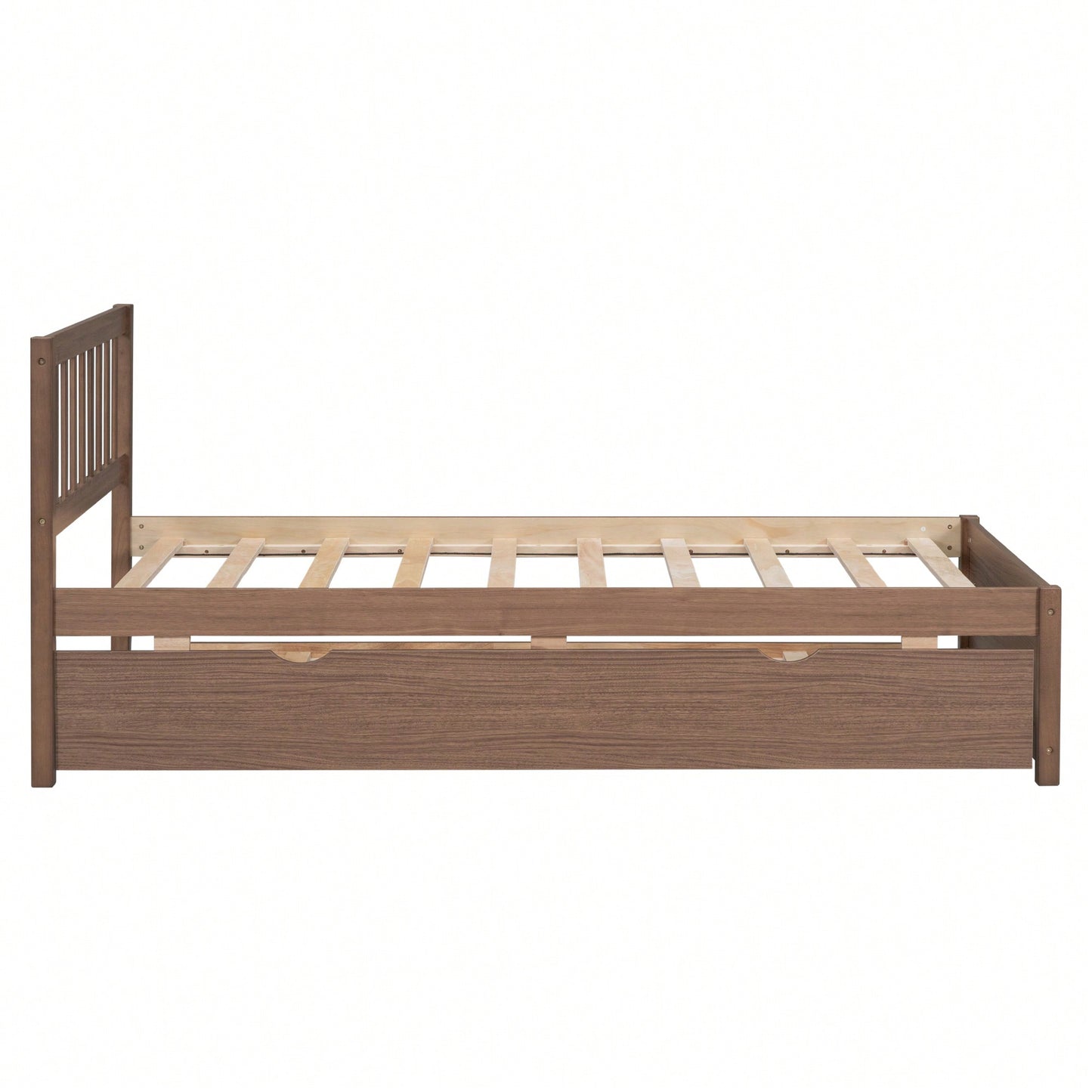 Twin Size Platform Bed Frame With Trundle For Space-Saving And Modern Design Walnut