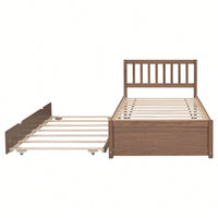 Twin Size Platform Bed Frame With Trundle For Space-Saving And Modern Design Walnut