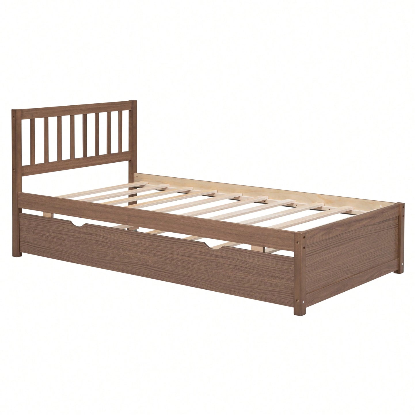 Twin Size Platform Bed Frame With Trundle For Space-Saving And Modern Design Walnut