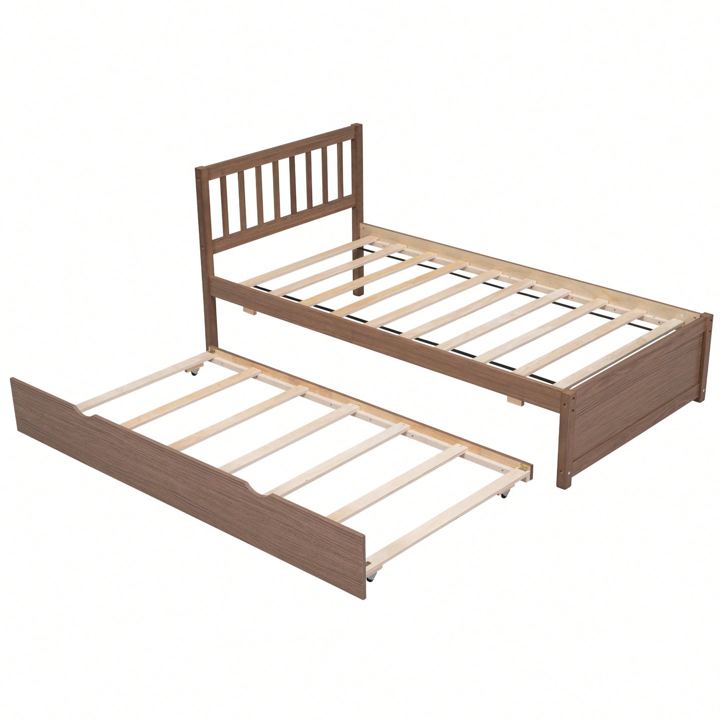 Twin Size Platform Bed Frame With Trundle For Space-Saving And Modern Design Walnut