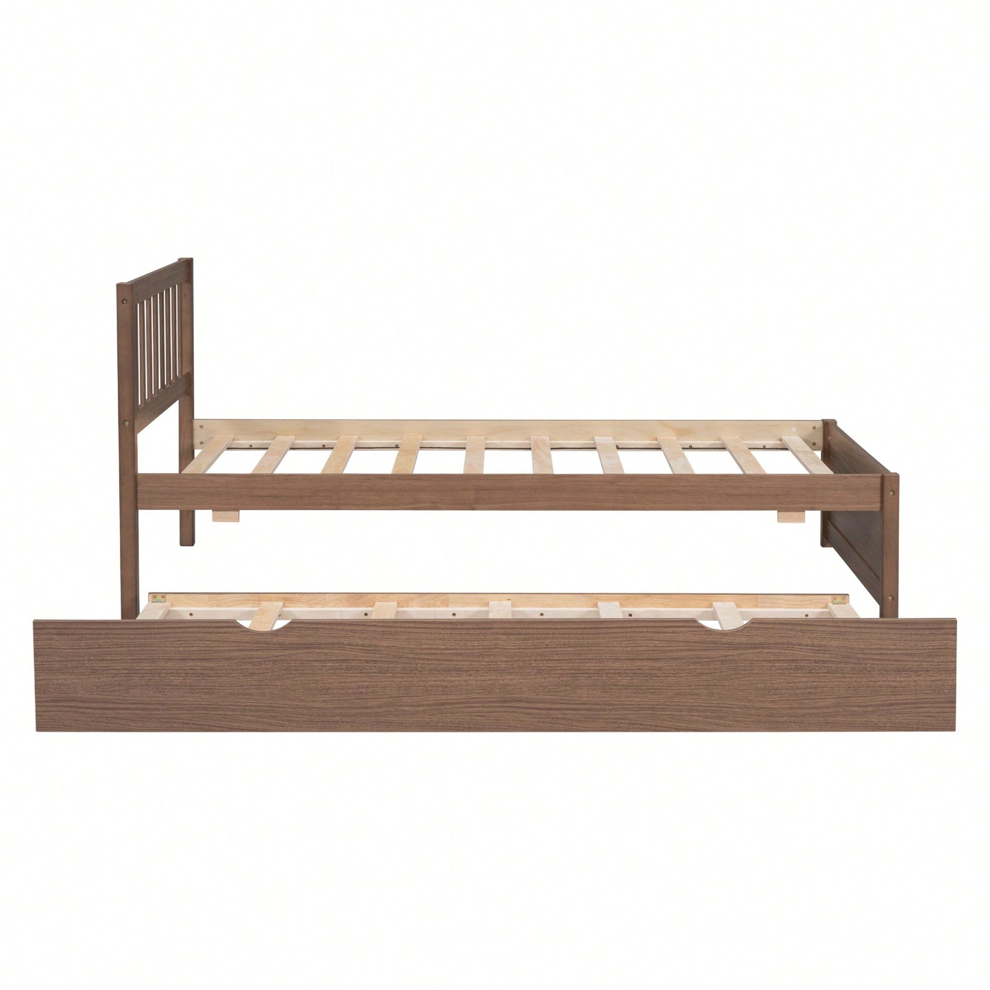 Twin Size Platform Bed Frame With Trundle For Space-Saving And Modern Design Walnut