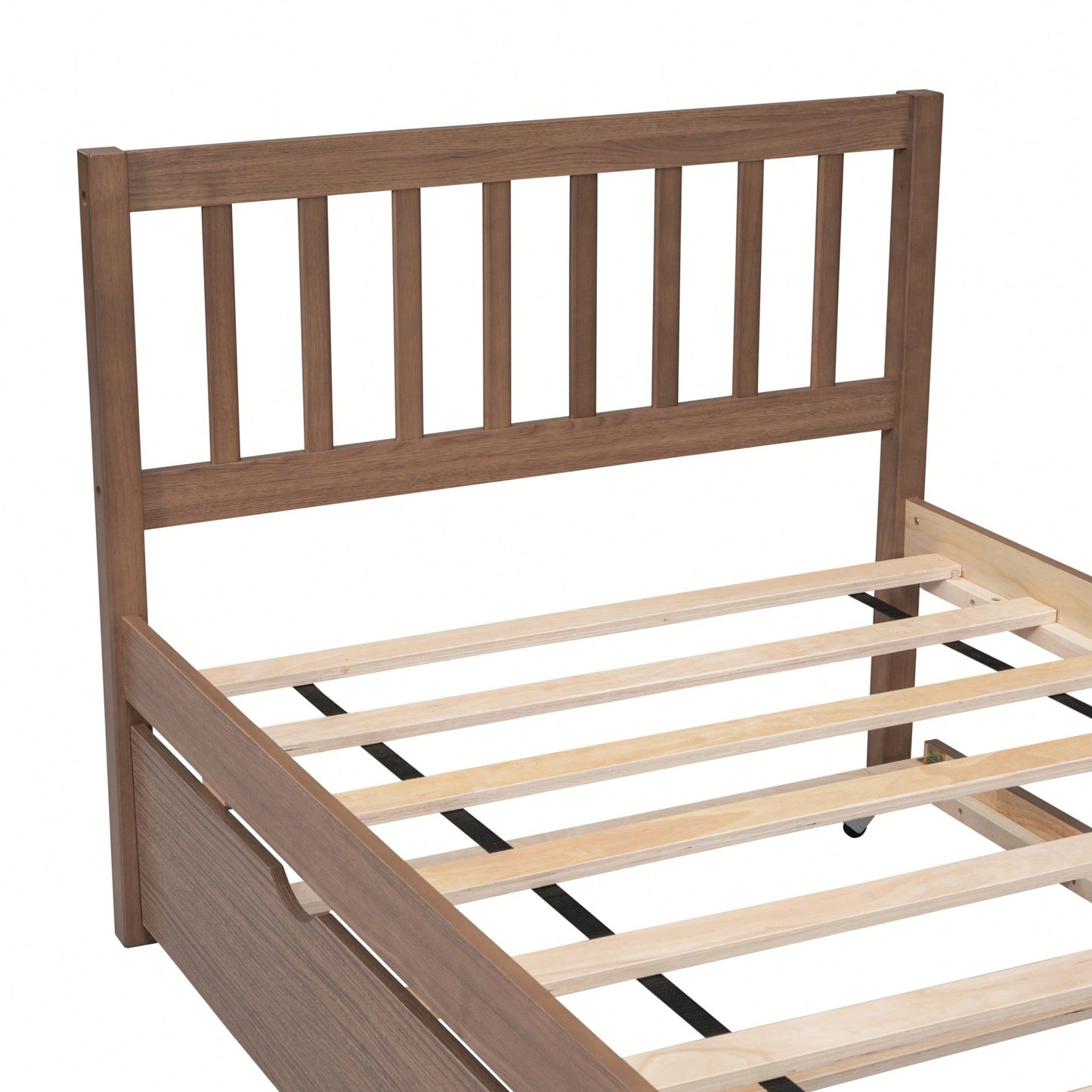 Twin Size Platform Bed Frame With Trundle For Space-Saving And Modern Design Walnut