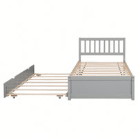 Twin Size Platform Bed Frame With Trundle For Space-Saving And Modern Design Walnut