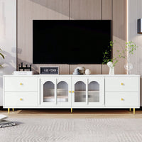 Modern 70.9 Inch TV Stand For Up To 75 Inch TVs With Glass Doors, 4 Drawers, 2 Cabinets, Metal Legs And Handles For Living Room