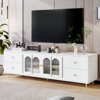 Modern 70.9 Inch TV Stand For Up To 75 Inch TVs With Glass Doors, 4 Drawers, 2 Cabinets, Metal Legs And Handles For Living Room