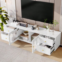 Modern 70.9 Inch TV Stand For Up To 75 Inch TVs With Glass Doors, 4 Drawers, 2 Cabinets, Metal Legs And Handles For Living Room