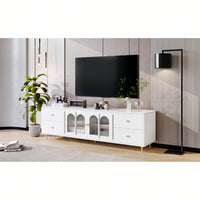 Modern 70.9 Inch TV Stand For Up To 75 Inch TVs With Glass Doors, 4 Drawers, 2 Cabinets, Metal Legs And Handles For Living Room