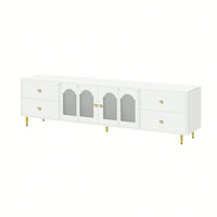 Modern 70.9 Inch TV Stand For Up To 75 Inch TVs With Glass Doors, 4 Drawers, 2 Cabinets, Metal Legs And Handles For Living Room
