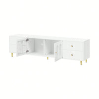 Modern 70.9 Inch TV Stand For Up To 75 Inch TVs With Glass Doors, 4 Drawers, 2 Cabinets, Metal Legs And Handles For Living Room