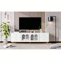 Modern 70.9 Inch TV Stand For Up To 75 Inch TVs With Glass Doors, 4 Drawers, 2 Cabinets, Metal Legs And Handles For Living Room
