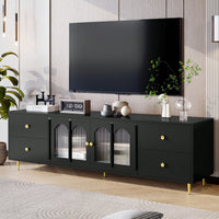 Modern 70.9 Inch TV Stand For Up To 75 Inch TVs With Glass Doors, 4 Drawers, 2 Cabinets, Metal Legs And Handles For Living Room