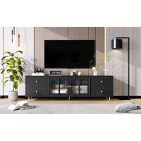 Modern 70.9 Inch TV Stand For Up To 75 Inch TVs With Glass Doors, 4 Drawers, 2 Cabinets, Metal Legs And Handles For Living Room