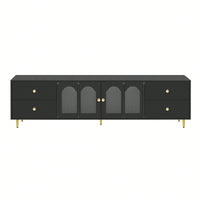 Modern 70.9 Inch TV Stand For Up To 75 Inch TVs With Glass Doors, 4 Drawers, 2 Cabinets, Metal Legs And Handles For Living Room