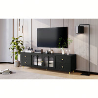 Modern 70.9 Inch TV Stand For Up To 75 Inch TVs With Glass Doors, 4 Drawers, 2 Cabinets, Metal Legs And Handles For Living Room