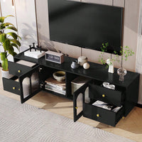 Modern 70.9 Inch TV Stand For Up To 75 Inch TVs With Glass Doors, 4 Drawers, 2 Cabinets, Metal Legs And Handles For Living Room