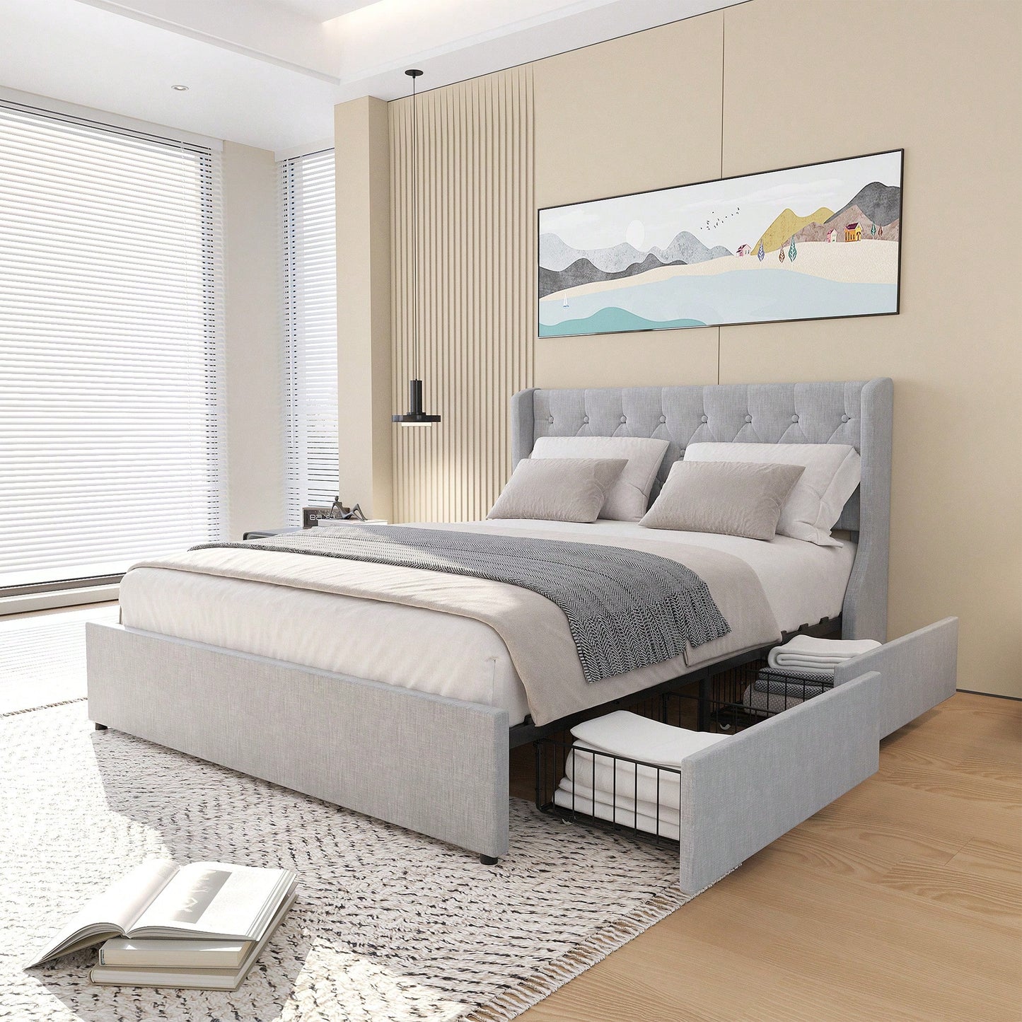 Elegant Queen Size Bed Frame With 4 Storage Drawers And Wingback Headboard In Light Grey Button Tufted Design