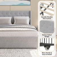 Elegant Queen Size Bed Frame With 4 Storage Drawers And Wingback Headboard In Light Grey Button Tufted Design