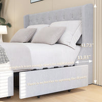 Elegant Queen Size Bed Frame With 4 Storage Drawers And Wingback Headboard In Light Grey Button Tufted Design