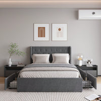 Elegant Light Grey Full Size Bed Frame With Wingback Headboard And 4 Storage Drawers, Button Tufted Design