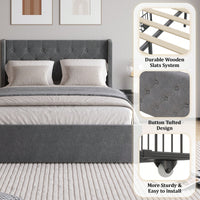 Elegant Light Grey Full Size Bed Frame With Wingback Headboard And 4 Storage Drawers, Button Tufted Design