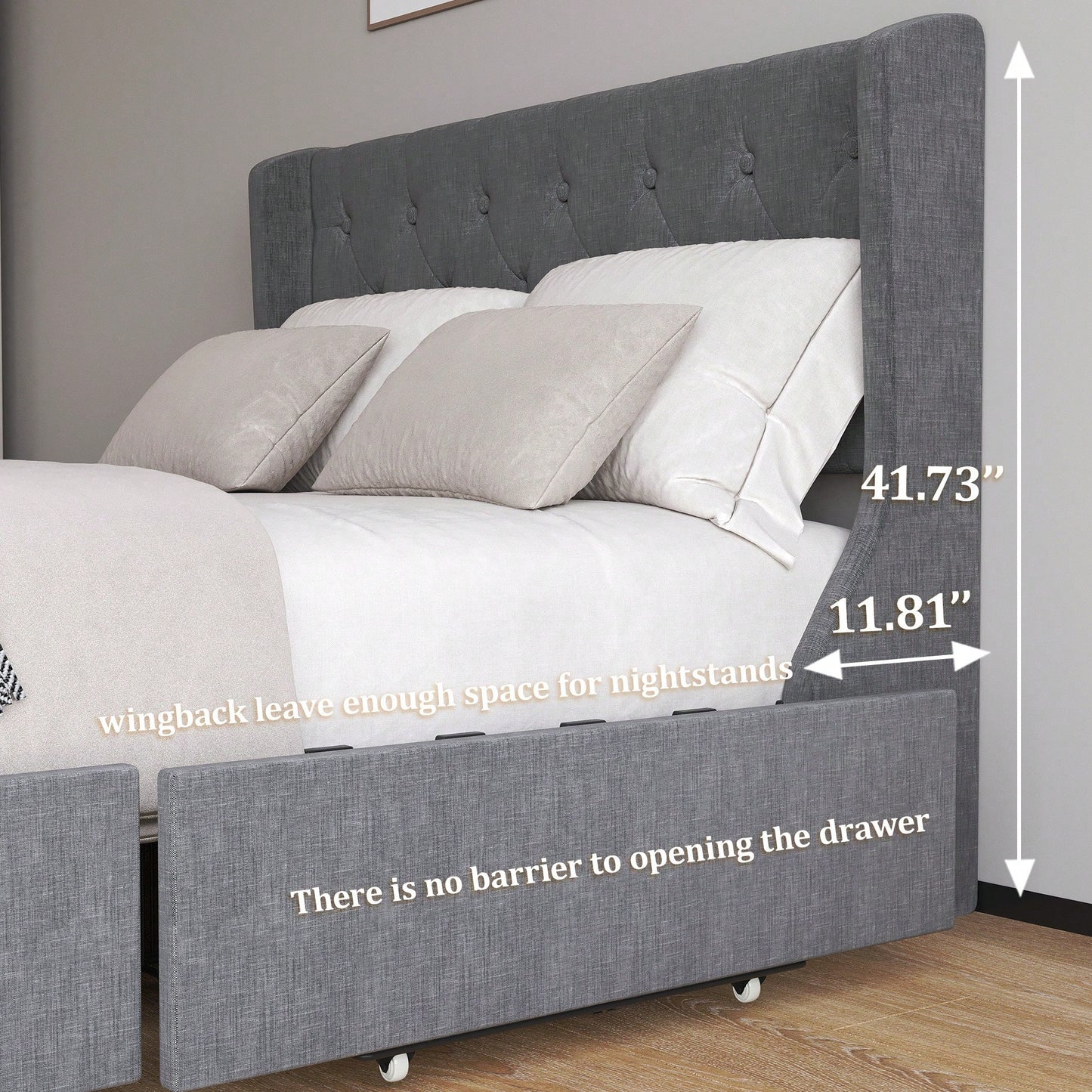 Elegant Light Grey Full Size Bed Frame With Wingback Headboard And 4 Storage Drawers, Button Tufted Design